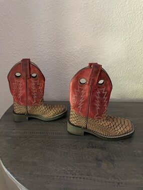 Cody James Western Kids Pull-On Cowboy Boots - Red  Orange Shaft with Tan Scales
